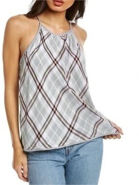 Bellla Dahl Top Plaid High Neck Tank Top Flowy Halter Size Medium Gray